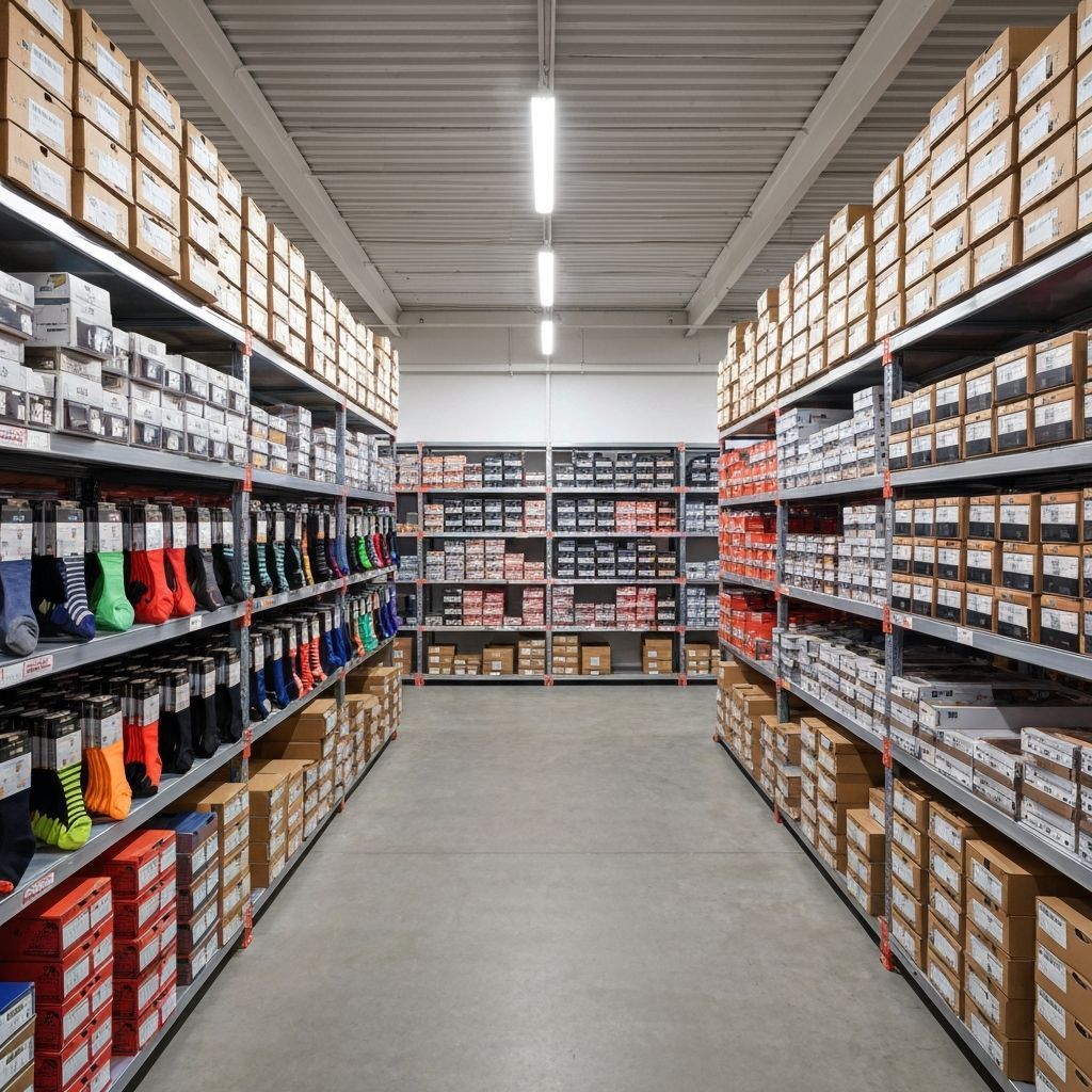 Sports socks wholesale warehouse with organized inventory