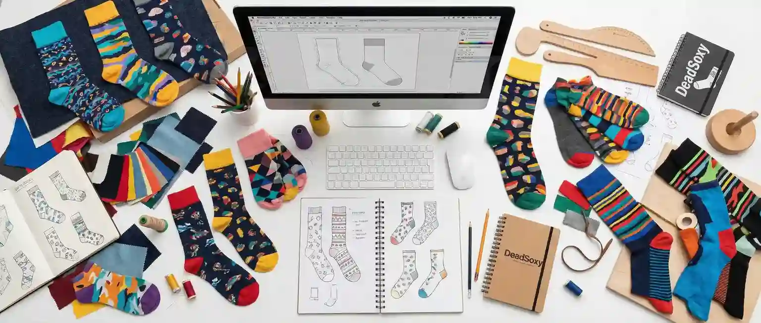 Custom sock design planning desk with sketches, yarns, and sock samples