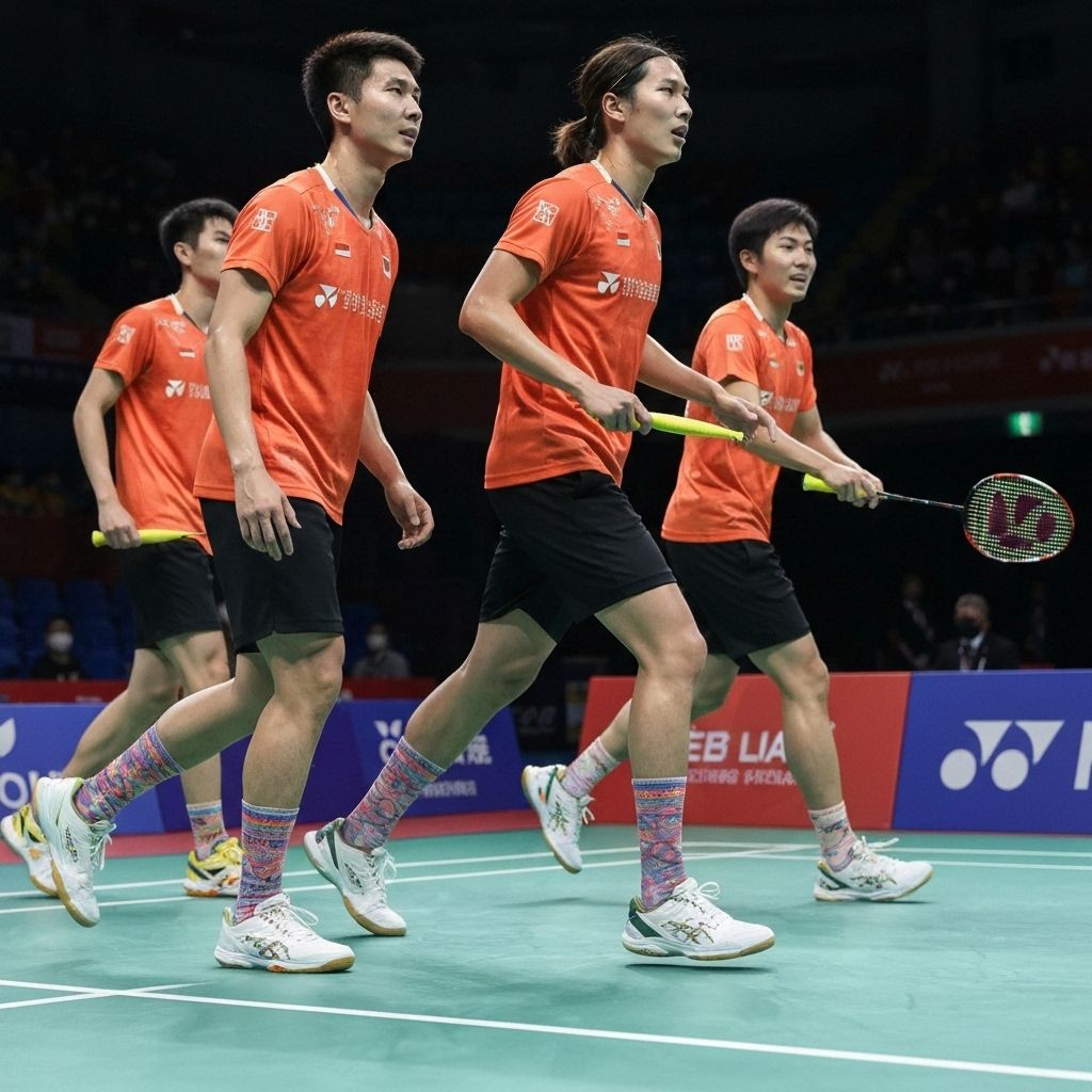 Badminton player wearing custom athletic socks during game action