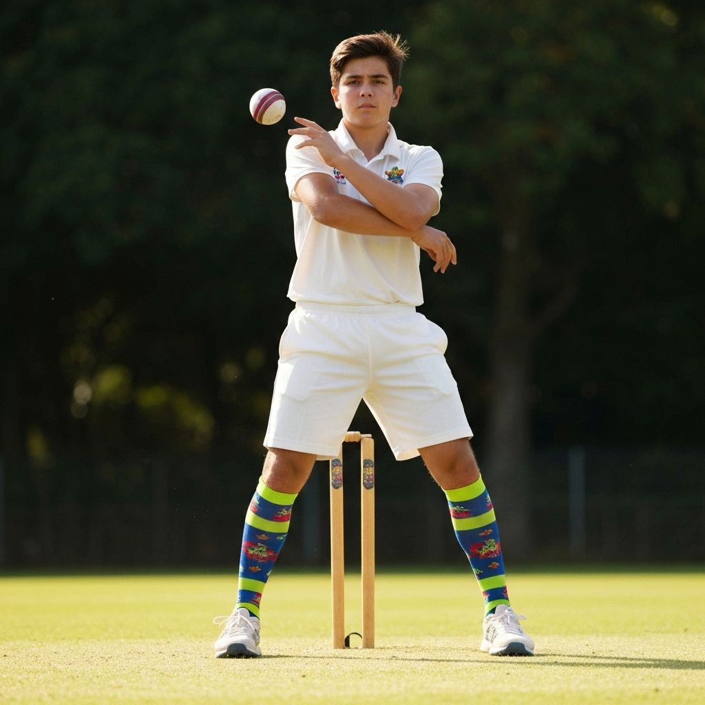 Pair of custom Cricket socks flat lay showing design details and branding