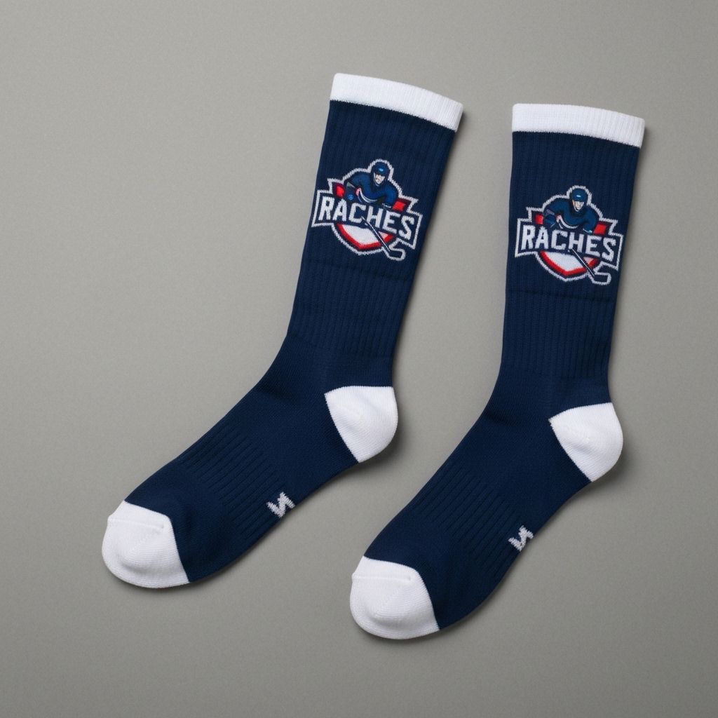 Close-up of Hockey athlete legs wearing custom team socks on field