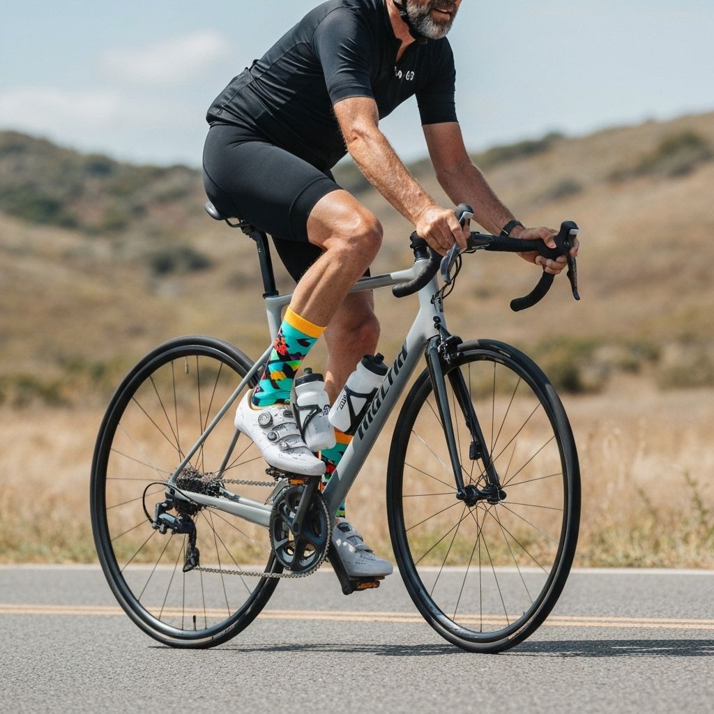 Pair of custom Cycling socks flat lay showing design details and branding