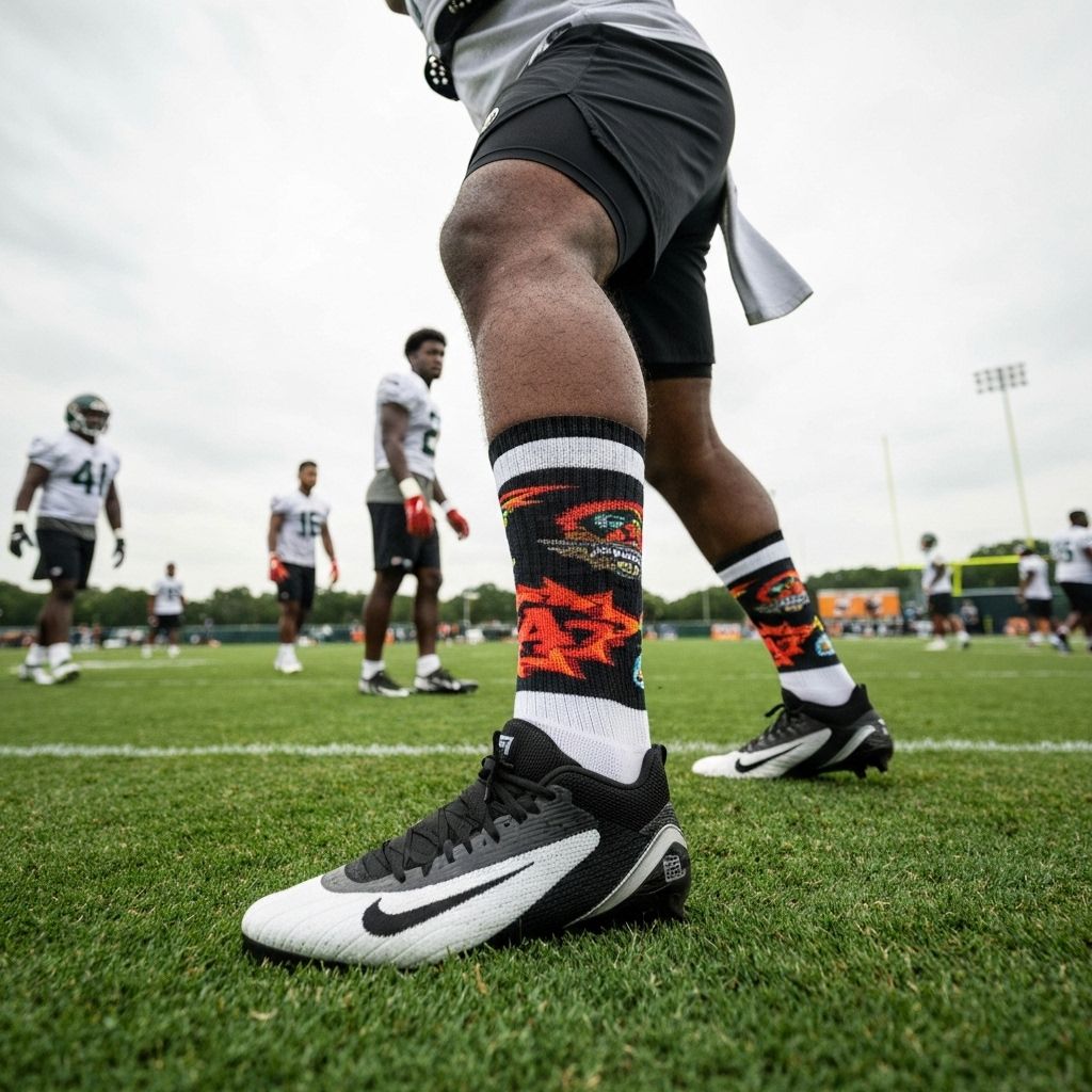 Pair of custom Football socks flat lay showing design details and branding