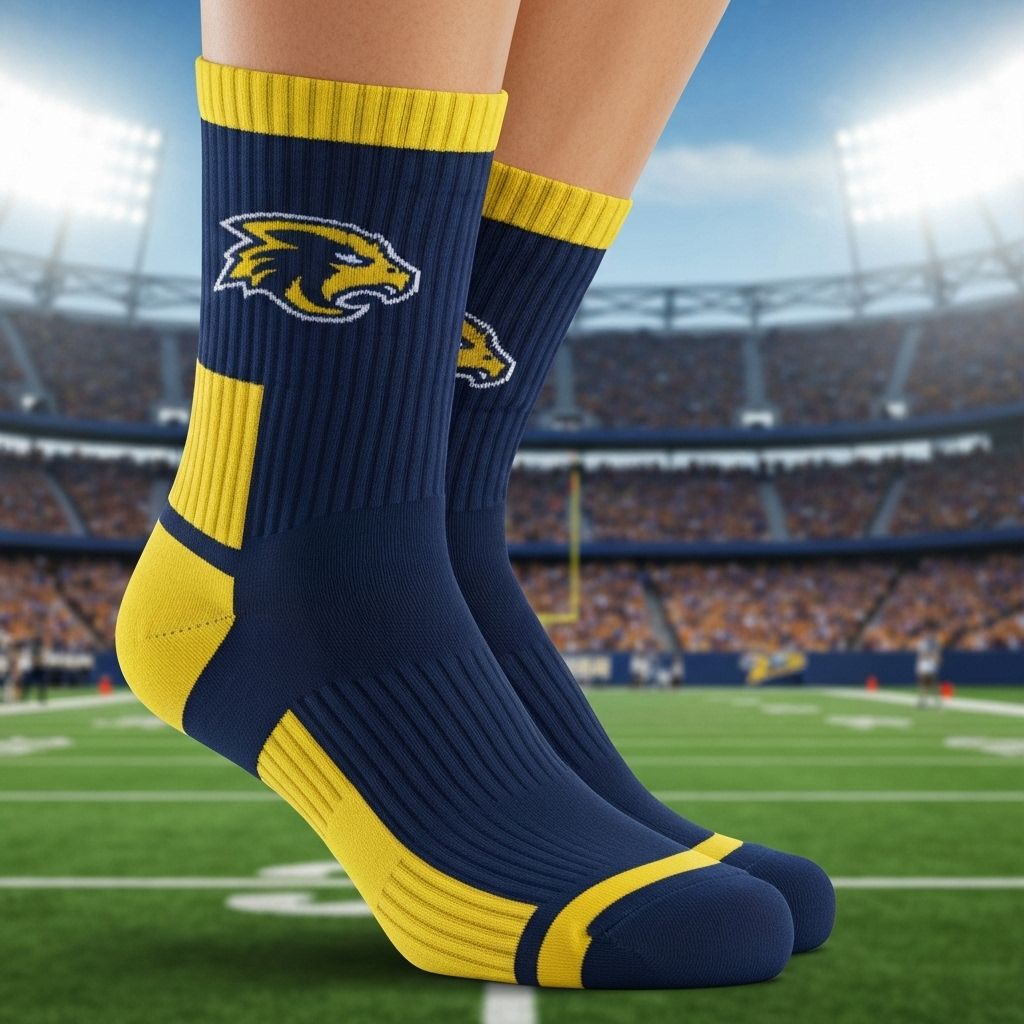 Close-up of Football athlete legs wearing custom team socks on field