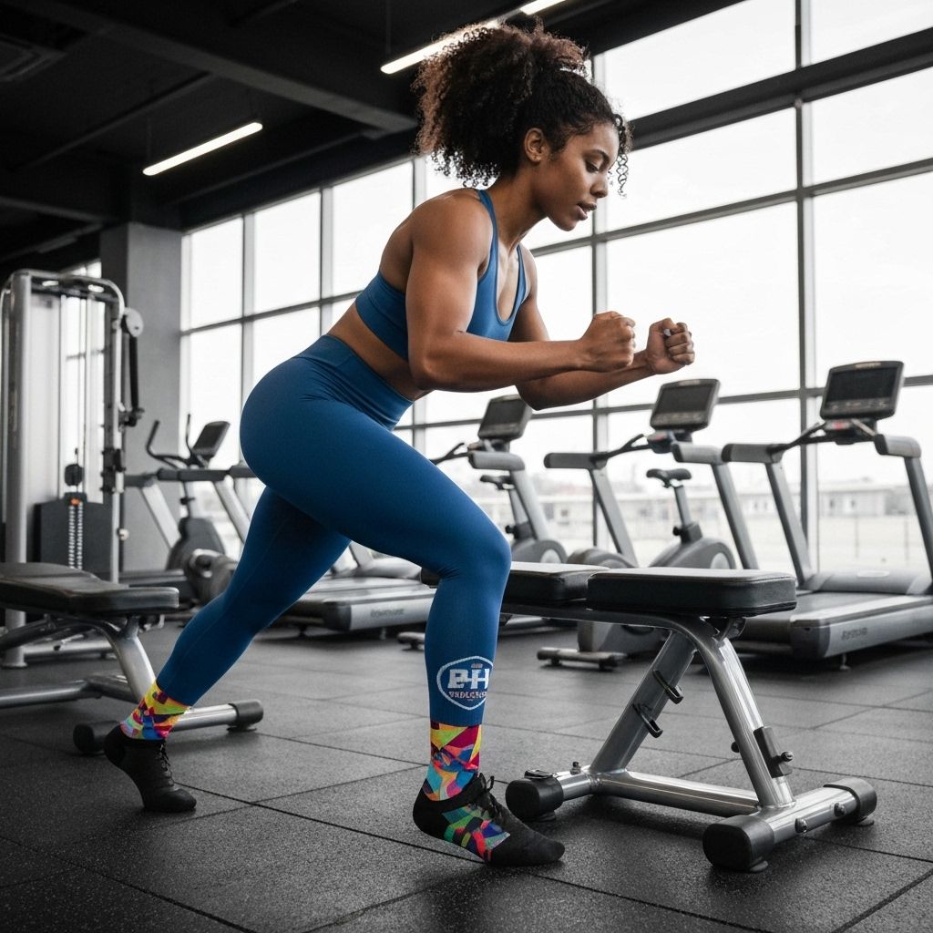 Pair of custom Fitness socks flat lay showing design details and branding
