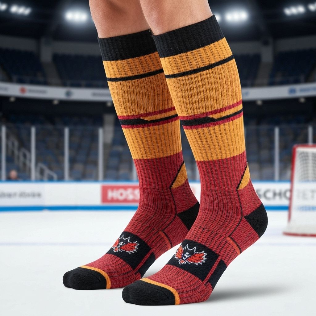 Hockey player wearing custom athletic socks during game action