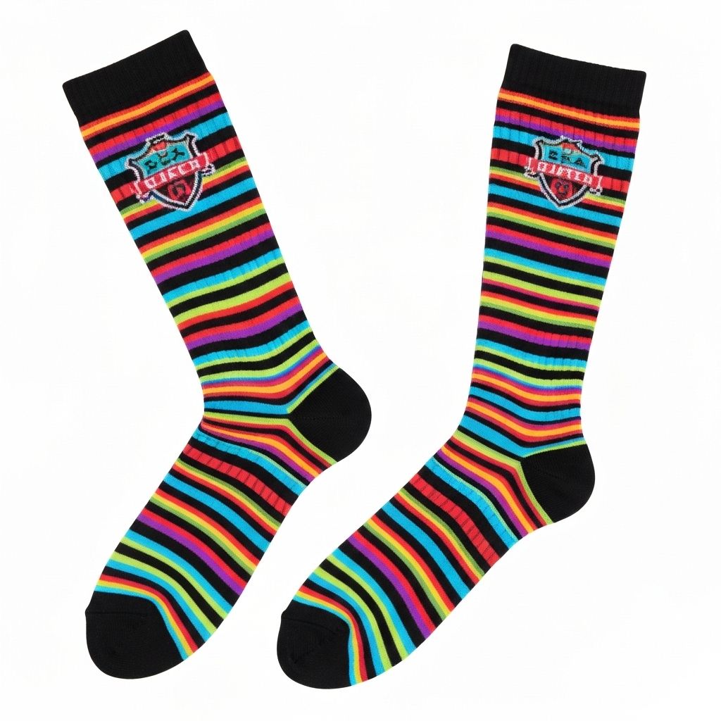 Pair of custom Soccer socks flat lay showing design details and branding