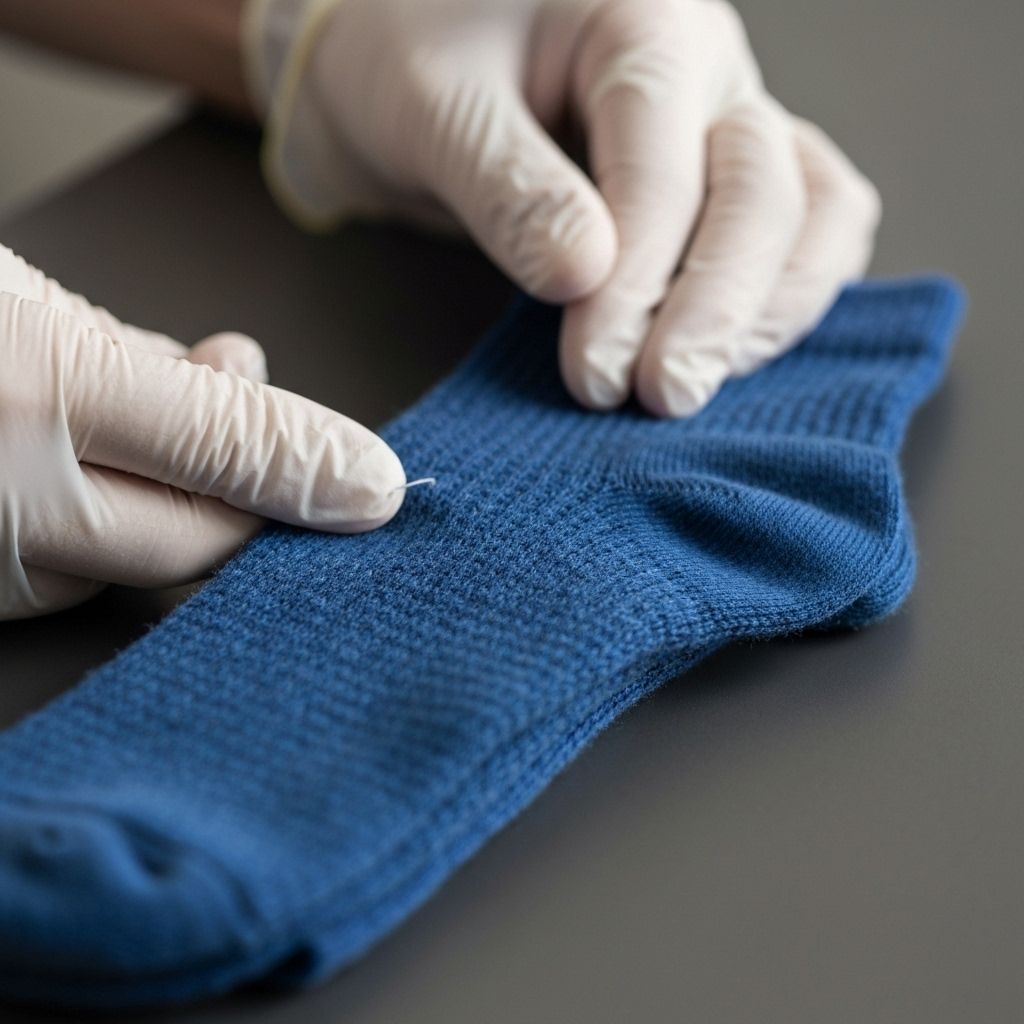 Quality control inspector examining custom socks for defects and ensuring manufacturing standards